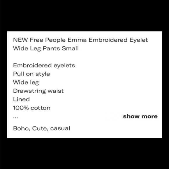 Nwt Free People Cream intricate eyelet design Wide Leg Pants w/drawstring waist. - Picture 3 of 7